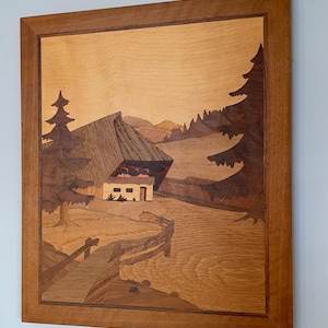 Vintage 1970s Marquetry Wood Inlay Wall Art Landscape Scene with House