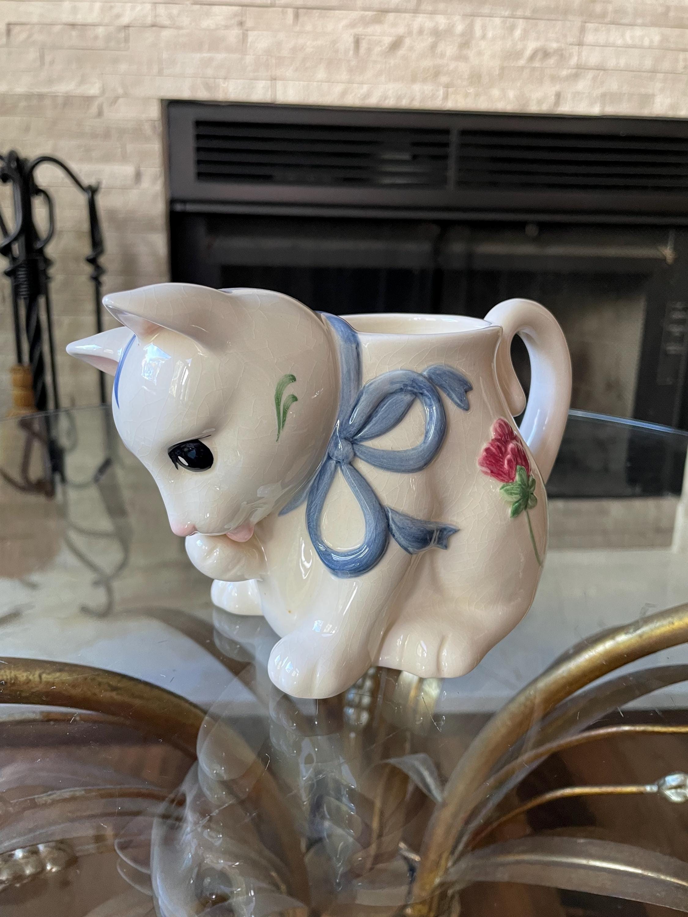 Lenox Poppies on Blue Barnyard Kitten Mug Planter, Vintage Cat