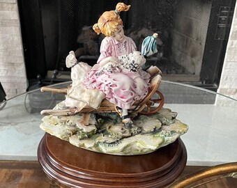 Capodimonte Signed Lozy Ceramic Figurative Sculpture, Hand Painted Italian Pastoral Scene, Wood Base, Vintage 1990s