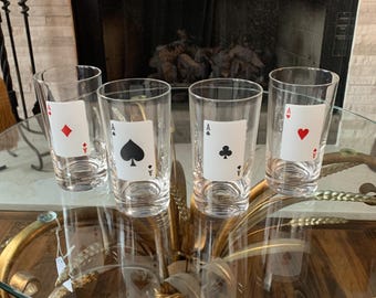 Vintage Ace Playing Card Tumblers Set of 4 Spades Hearts Diamonds Clubs 8oz Cocktail Glasses 5 Inch Barware