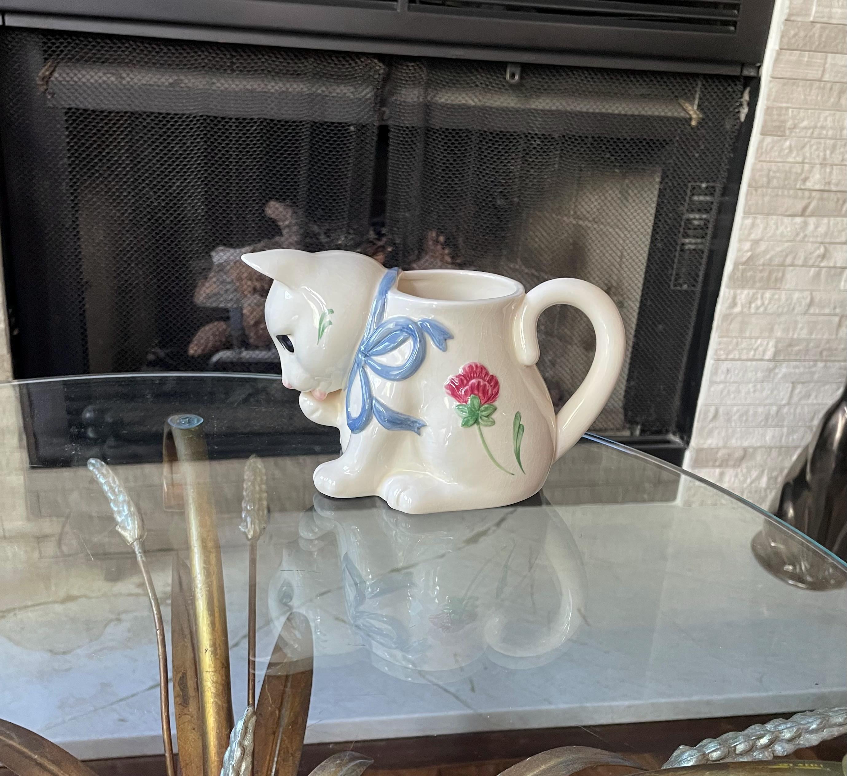 Lenox Poppies on Blue Barnyard Kitten Mug Planter, Vintage Cat