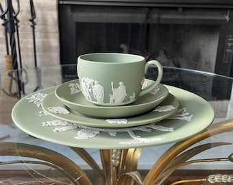 Vintage Wedgwood Sage Green Jasperware 4-Piece Set | Tea Cup, Saucer, 6.5" Plate & 9.5" Dinner Plate | White Bas-Relief