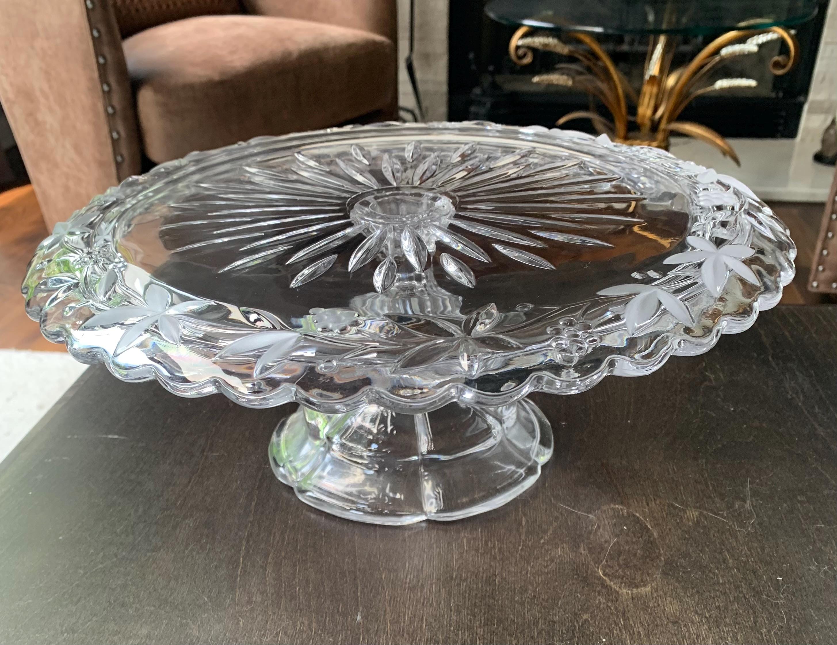 Mikasa Crystal Garden Terrace Cake Plate | 13" Pedestal Stand with Etched Floral Rim | Scalloped Cut Glass Dessert Server | Discontinued