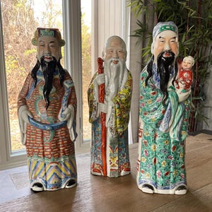 Vintage Chinese Porcelain Fu Lu Shou Set 18&quot; Tall Feng Shui Gods Shou Xing Lu Xing Fu Xing Statues Red Wax Seal Longevity Wealth Happiness