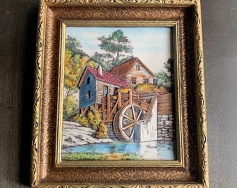Vintage Artini Hand Painted Sculptured Engraving Water Mill Scene Wall Art Ornate Framed 4D Dimensional Picture