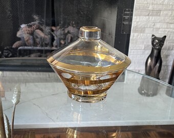 Vintage Clear Glass Candy Dish with Lid Gold Bands Mid Century Bonbon Bowl