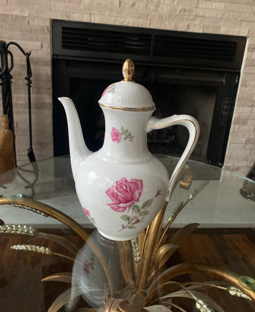 Vintage Bavaria Porcelain Teapot Pink Roses & Gold Trim | Floral German ...