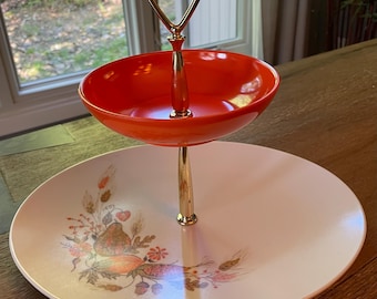 Boontonware 2-Tier Snack Tray Fall Floral Melmac Server with Orange Bowl and Gold Handle