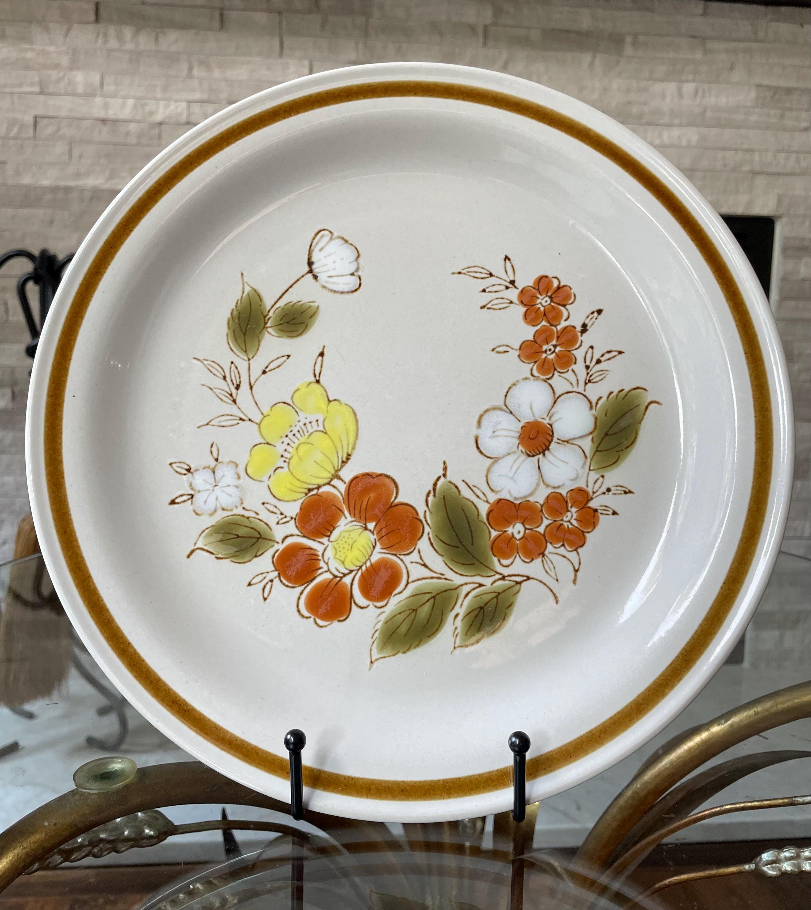 Vintage Stoneware Dinner Plate: 1970s Floral Autumn Pattern