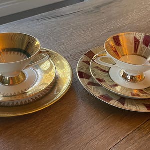 Bavaria Tea Trio Sets MCM Pedestal Cup Saucer Plate Art Deco Gold Burgundy & Green Elfenbein Porzellan German Porcelain Teacups