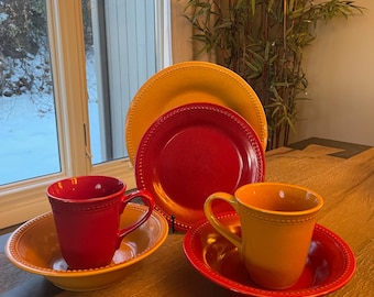 Pier 1 Spice Route Stoneware Dinnerware Paprika and Ginger Plates, Bowls, Mugs Beaded Rim Rustic Dishes