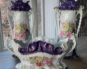 Vintage DoubleHandled Vases Candy Dish Made in Germany  Iridescent Purple Floral Transferware Ornate