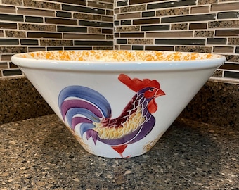 Hand Painted Italian Rooster Bowl JAM Ceramics Made in Italy Farmhouse Kitchen Decor Large 13 Inch Ceramic Serving Bowl