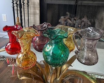 Mini Crackle Glass Pitchers & Vases | Amber, Red, Green, Amethyst, Purple | Ruffled Tops, Top Hat Vase | Sold Individually