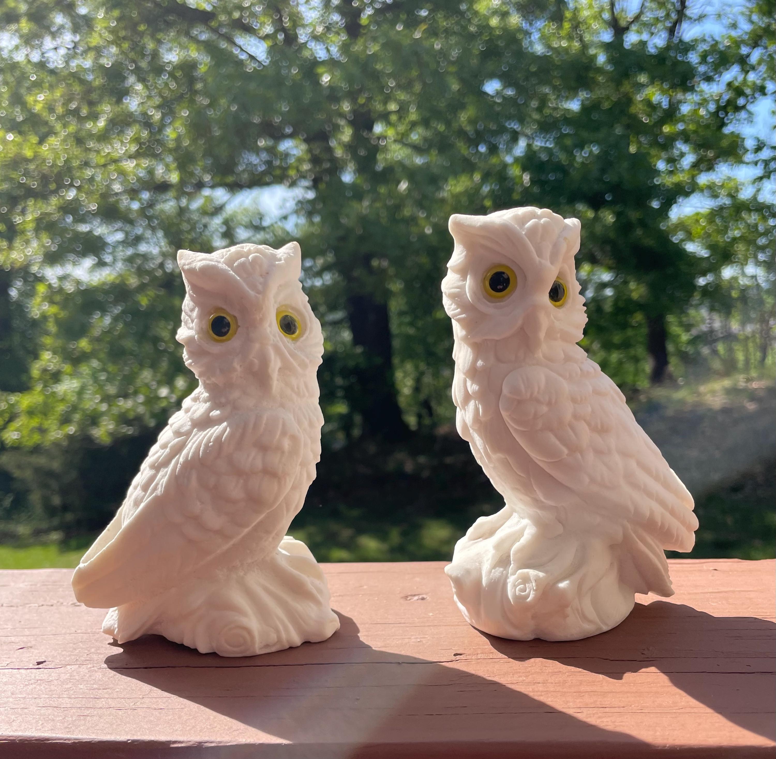 Owl Figurines Italian Sandstone White Carved Garden Decor Pair – 5.5” Tall Mid Century A