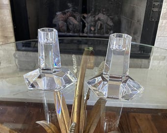 Miller Rogaska Frank Lloyd Wright Crystal Candlesticks, Pair of Lead Crystal Geometric Candle Holders, Signed 2000 Modern Decor