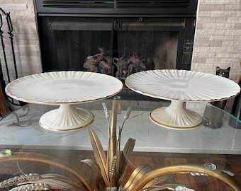Vintage Lenox Ivory Pedestal Cake Stand Gold Trim Fluted Porcelain Compote Centerpiece Made in USA Choose Style