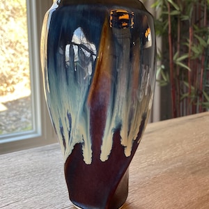 Studio Pottery Vase Drip Glaze Swirl Brown Blue White Signed Bill Campbell 1990s Art Pottery