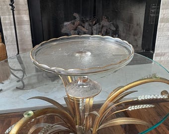 Vintage Jeanette Depression Glass Cake Stand Harp Etched Pedestal 1950s Gold Trim Scalloped Beaded Rim 10x5 Serving Plate
