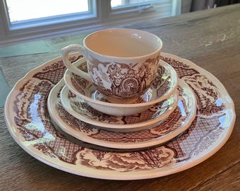 Alfred Meakin Fair Winds China: Brown Transferware Historic Ship Place Setting