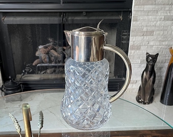Vintage Cut Glass Pitcher Silver Tone Hinged Lid Diamond Cut Water Beverage Cocktail Pitcher Barware 10 Inch