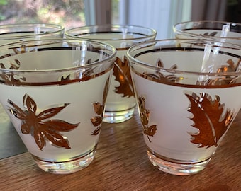 Libbey Golden Foliage Shot Glasses - Mid-Century Frosted Gold Rim - Set of 8