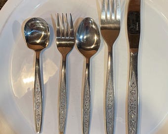 Rose Cotillion Floral Flatware 1960&#39;s Flatware Stainless Flatware Set Knives Forks Spoons Salad Fork Mid-Century