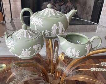 Vintage Wedgwood Sage Green Jasperware Tea Set | Teapot, Sugar Bowl & Creamer | White Bas-Relief Classical English Pottery