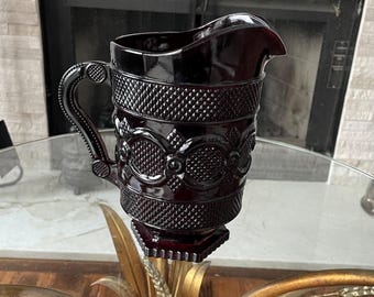 Avon Cape Cod 1876 Ruby Red Glass Pitcher Vintage Pressed Glass Pedestal Hexagon Base 46 oz