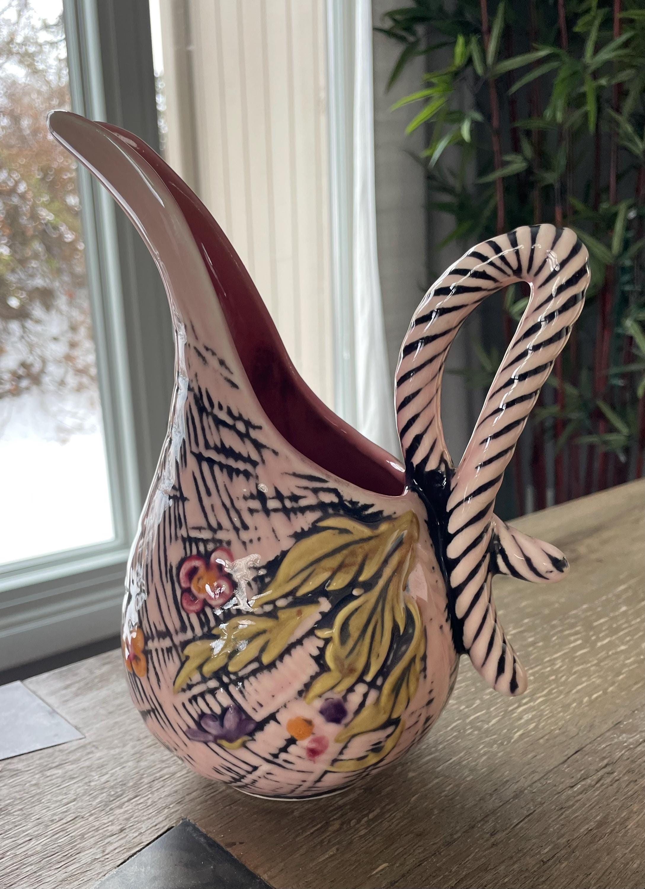 Vintage 1955 Hall Blossom Flite 9" Pitcher Pink & Black Floral USA Pottery