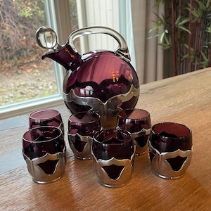Farber Bros Amethyst Glass Decanter Set Chrome Shot Glasses Vintage Art Deco Barware