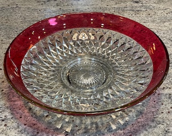Vintage Indiana Glass Diamond Point Bowl: Ruby Flash Band, Mid-Century Serving Bowl