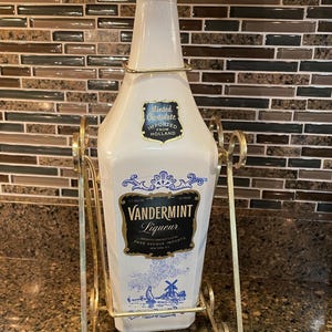 Vintage Vandermint Liqueur Dutch Windmill Decanter Bottle with Barware Display Stand, Half-Gallon Collectible Bar Decor