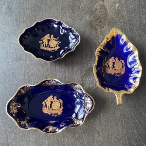 Vintage Limoges Cobalt Blue Trinket Dishes Gold Courting Couple Design