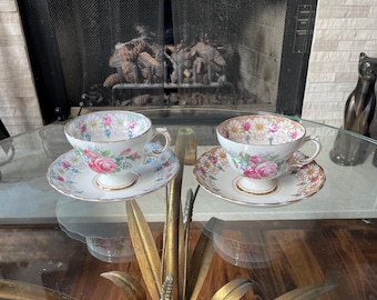 Vintage Rosina Bone China Teacup and Saucer England Pink Rose Daisy Floral Gold Blue Trim Tea Cup Sold Individually