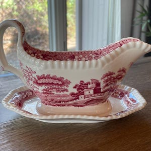Vintage Copeland Spode Tower Pink Transferware Gravy Boat, Platter, 19th Century