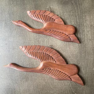 Pair of carved wooden flying birds vintage wall hangings, rustic geese décor