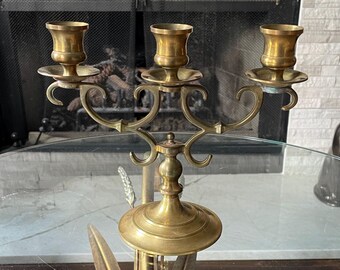 Vintage Solid Brass Three Arm Candelabra Candle Holder Mid Century Brass Candlestick Centerpiece Colonial Decor 3 Light