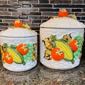 Vintage Ceramic Kitchen Canister Set Hand Painted Basketweave with Embossed Vegetables Japan
