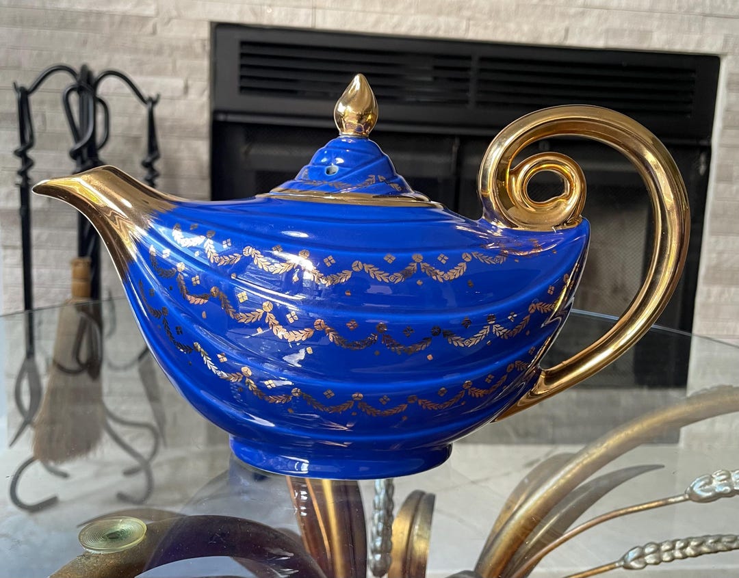Vintage Hall Aladdin Teapot: Cobalt Blue & Gold Genie Lamp, 6-cup