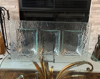 Vintage Textured Glass 3 Compartment Serving Tray 18x9.5 Rectangular Hammered Finish Divided Relish Platter