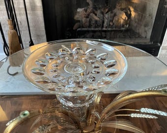 Vintage Hazel Atlas Thumbprint Cake Stand | Clear Glass Pedestal Plate 9.75" | Mid-Century Dessert Display Tableware