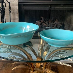 Set of 2 Hand Painted Italian Ceramic Bowls – Aqua Blue Distressed – Pasta Salad Serving or Decor – Made in Italy Pottery