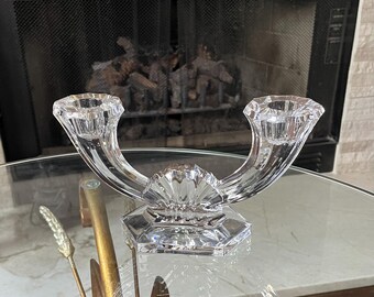 Signed Val St. Lambert Crystal Two Arm Candlestick, Elegant Vintage Double Candle Holder, Belgian Cut Crystal Decor