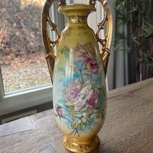 Antique Victoria Austria Porcelain Hand Painted Decorative Vase with Pink  Red Roses Early 1900s Two Handles