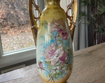 Antique Victoria Austria Porcelain Vase: Hand-Painted Roses, Early 1900s