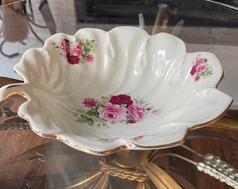 Baum Bros Formalities Victorian Rose Leaf Bowl – 8&quot; China Dish – Red & Pink Roses – Gold Trim – Vintage Shabby Chic