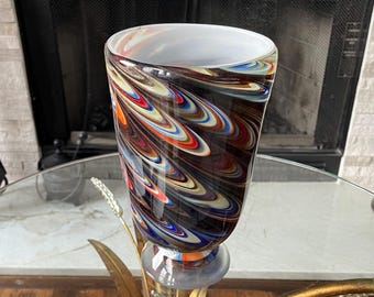 Colorful Swirl Art Glass Vase – 9” Hand Blown Decorative Glass – Modern Statement Piece