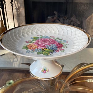 Bavaria porcelain pedestal cake stand — floral motif with gold rim, 10″ vintage serving plate