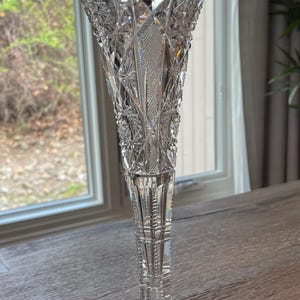 Vintage Cut Glass Crystal Trumpet Vase 10" Hobstar Strawberry Diamond Heavy Glass Fluted Top